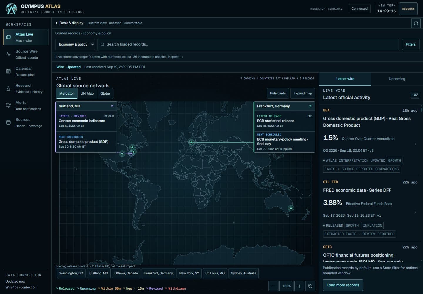 Atlas Terminal Mercator map with publisher locations, next scheduled releases and a source wire showing GDP and economic context.